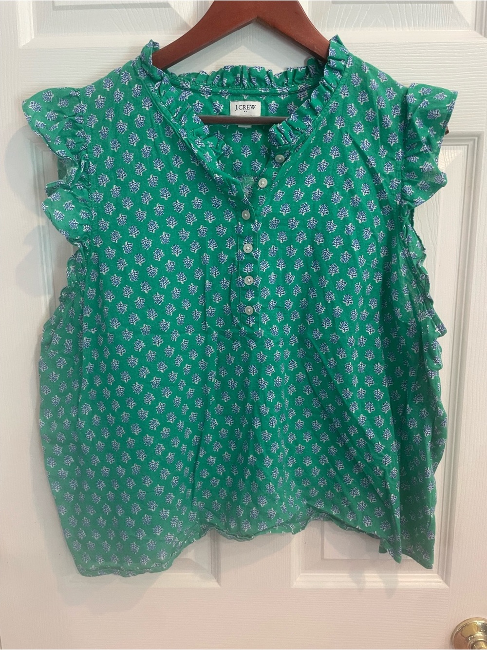 J. Crew Green Floral Ruffle-Sleeve Henley Blouse
